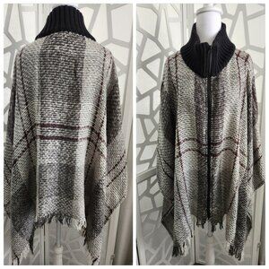 INC Poncho/Sweater Grey & Black Tones with Knit Collar & 2 way Zipper Brand New